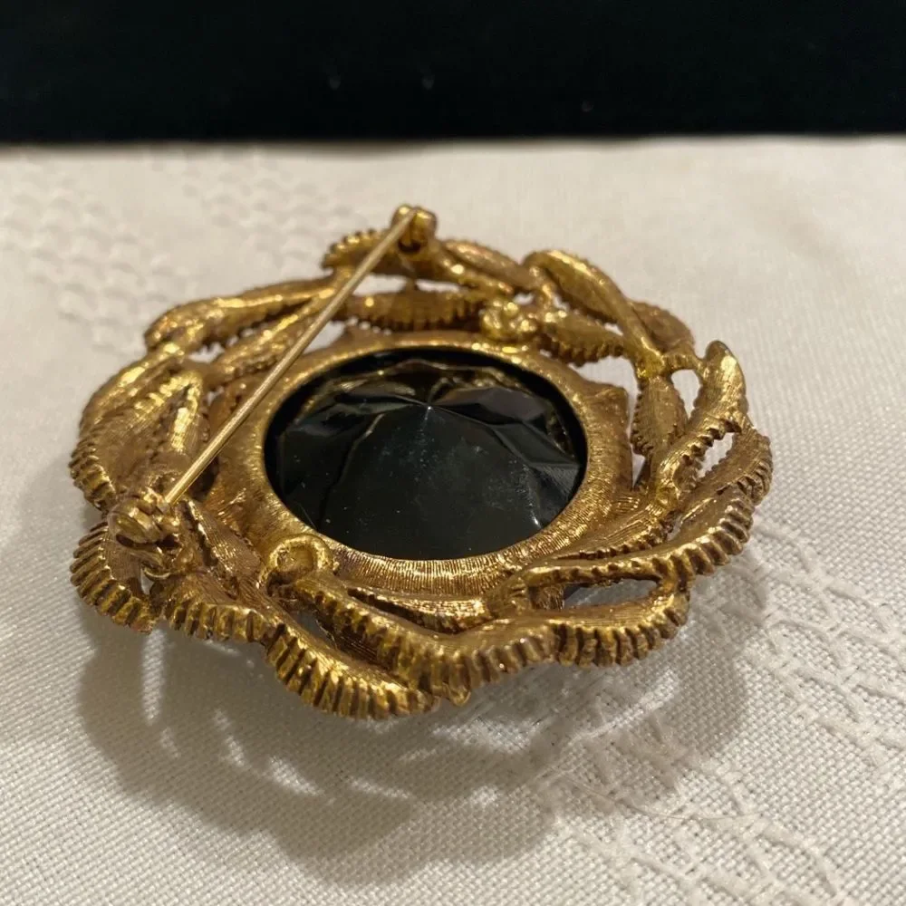 Vintage Faceted Black Rhinestone And Brass Brooch